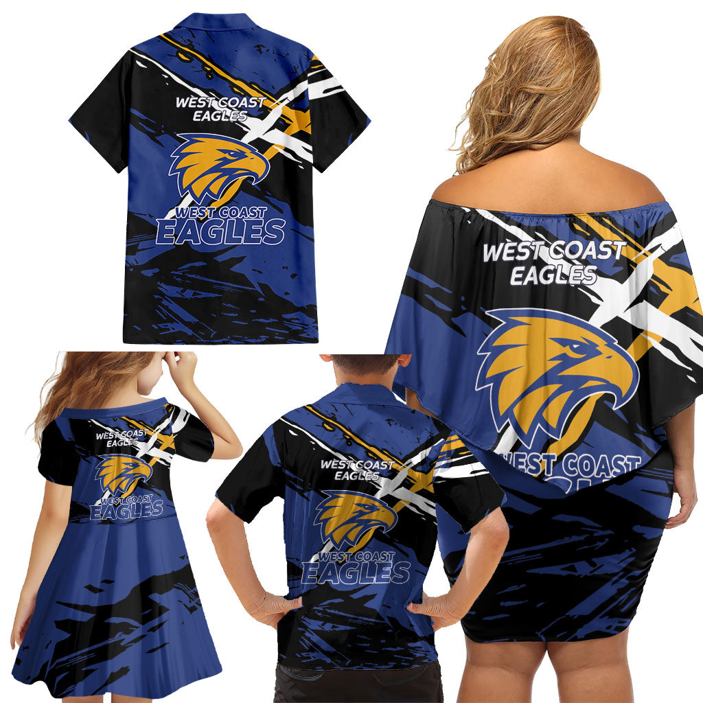 West Coast Eagles Family Matching Off Shoulder Short Dress and Hawaiian Shirt Eagles Muscular Mascot Graphic - Abstract Paint Splatter Art