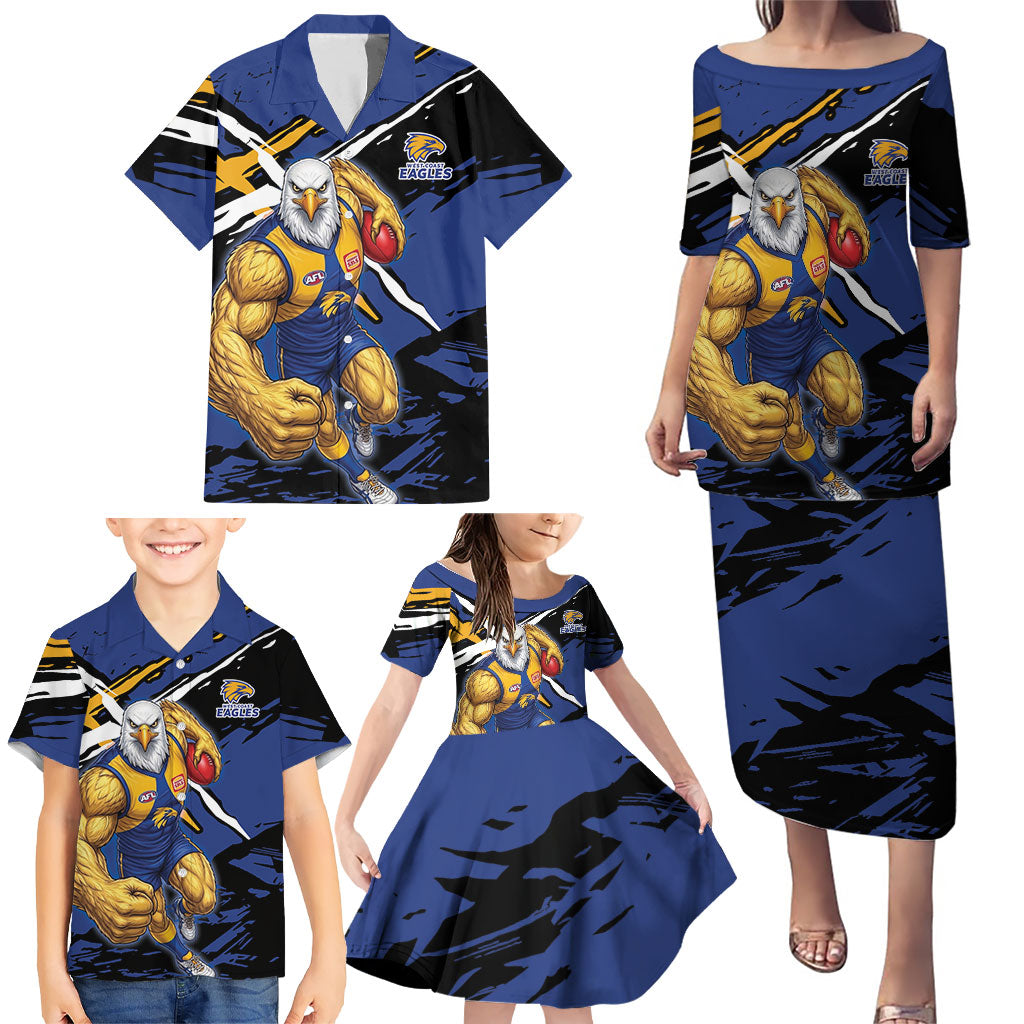 West Coast Eagles Family Matching Puletasi and Hawaiian Shirt Eagles Muscular Mascot Graphic - Abstract Paint Splatter Art