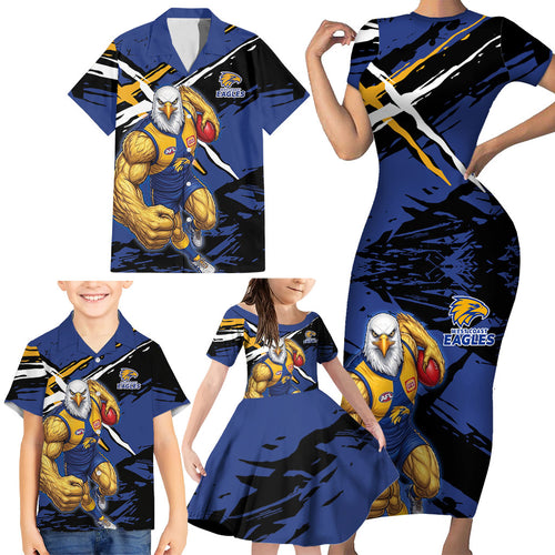 West Coast Eagles Family Matching Short Sleeve Bodycon Dress and Hawaiian Shirt Eagles Muscular Mascot Graphic - Abstract Paint Splatter Art