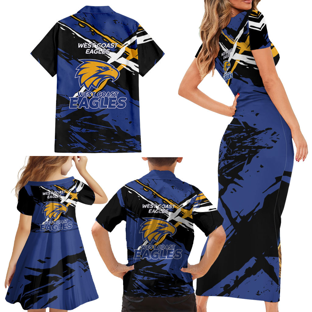 West Coast Eagles Family Matching Short Sleeve Bodycon Dress and Hawaiian Shirt Eagles Muscular Mascot Graphic - Abstract Paint Splatter Art