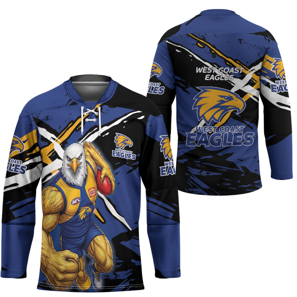 West Coast Eagles Hockey Jersey Eagles Muscular Mascot Graphic - Abstract Paint Splatter Art