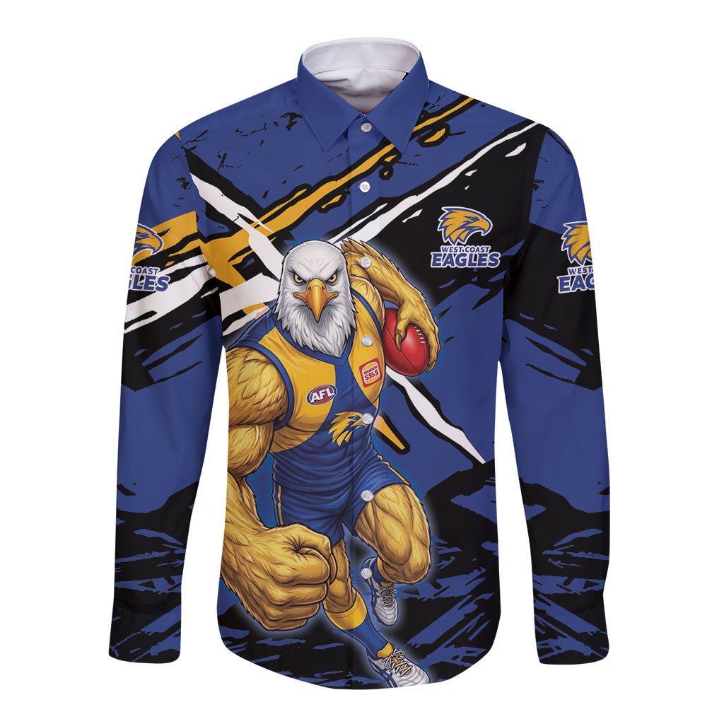 West Coast Eagles Long Sleeve Button Shirt Eagles Muscular Mascot Graphic - Abstract Paint Splatter Art