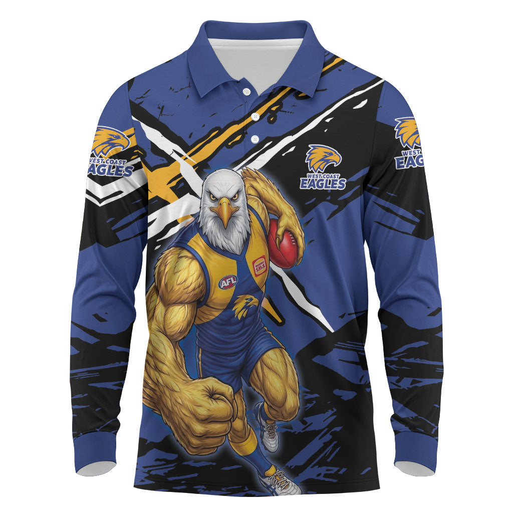 West Coast Eagles Long Sleeve Polo Shirt Eagles Muscular Mascot Graphic - Abstract Paint Splatter Art