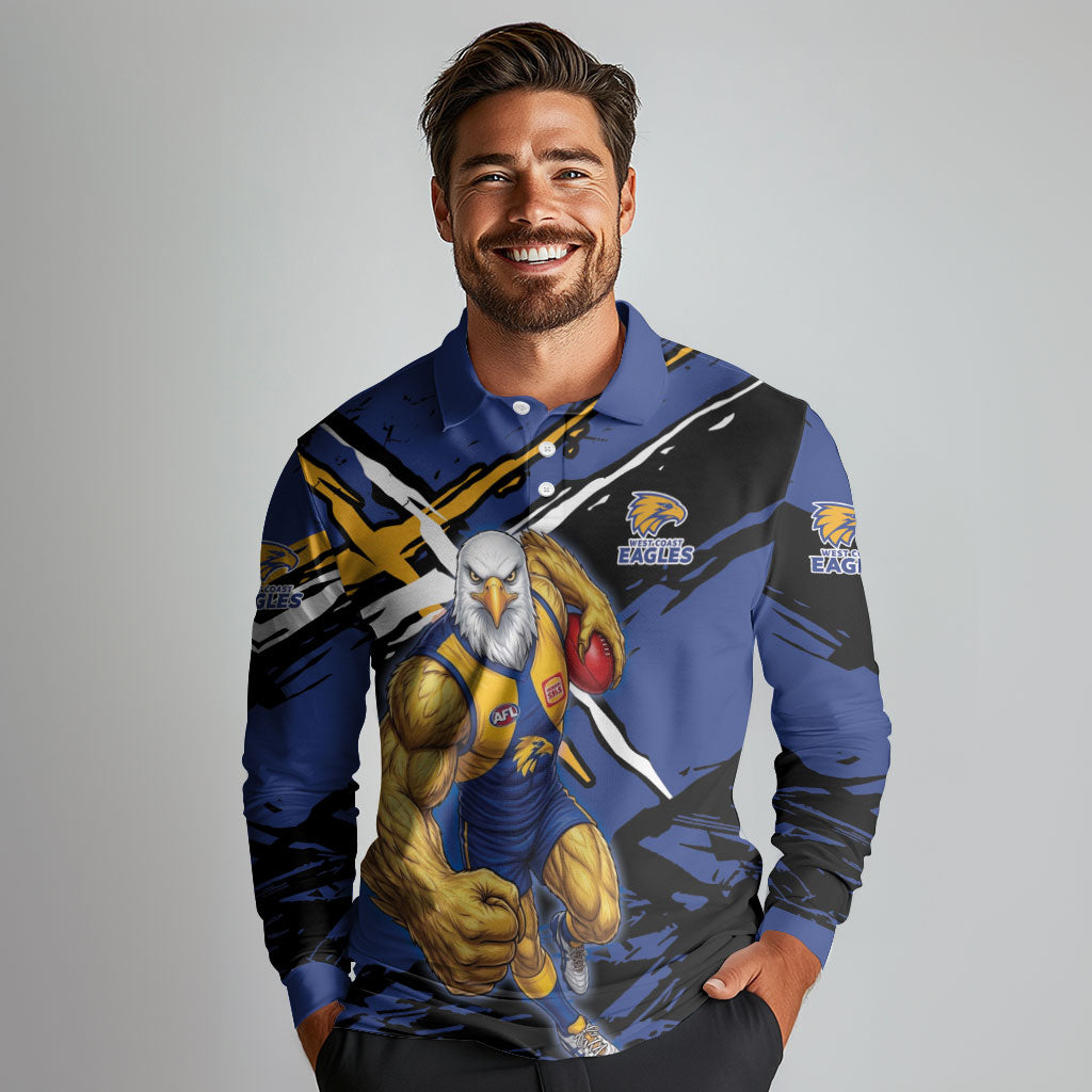 West Coast Eagles Long Sleeve Polo Shirt Eagles Muscular Mascot Graphic - Abstract Paint Splatter Art