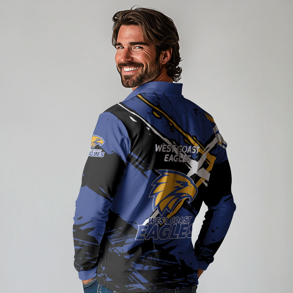 West Coast Eagles Long Sleeve Polo Shirt Eagles Muscular Mascot Graphic - Abstract Paint Splatter Art