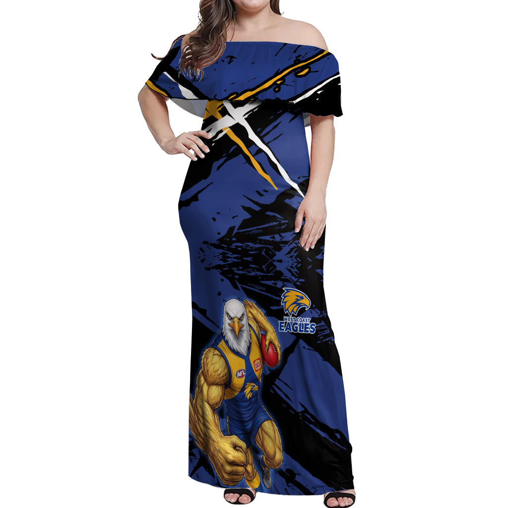 West Coast Eagles Off Shoulder Maxi Dress Eagles Muscular Mascot Graphic - Abstract Paint Splatter Art