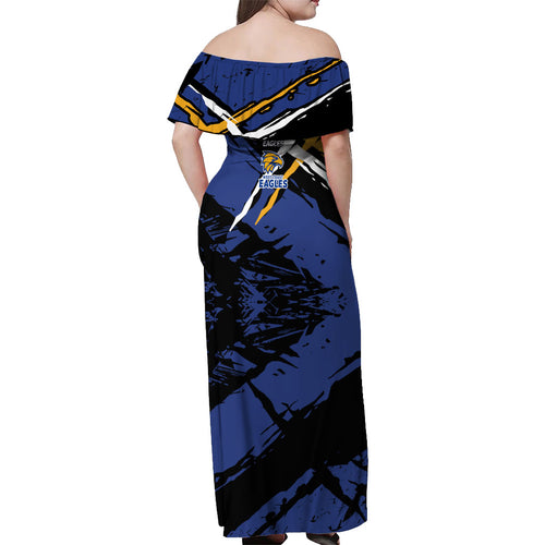 West Coast Eagles Off Shoulder Maxi Dress Eagles Muscular Mascot Graphic - Abstract Paint Splatter Art