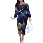 West Coast Eagles Off The Shoulder Long Sleeve Dress Eagles Muscular Mascot Graphic - Abstract Paint Splatter Art