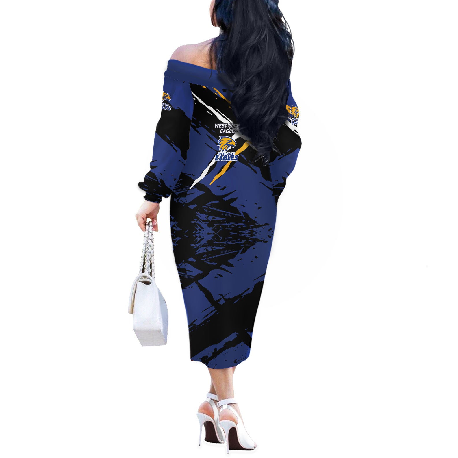 West Coast Eagles Off The Shoulder Long Sleeve Dress Eagles Muscular Mascot Graphic - Abstract Paint Splatter Art