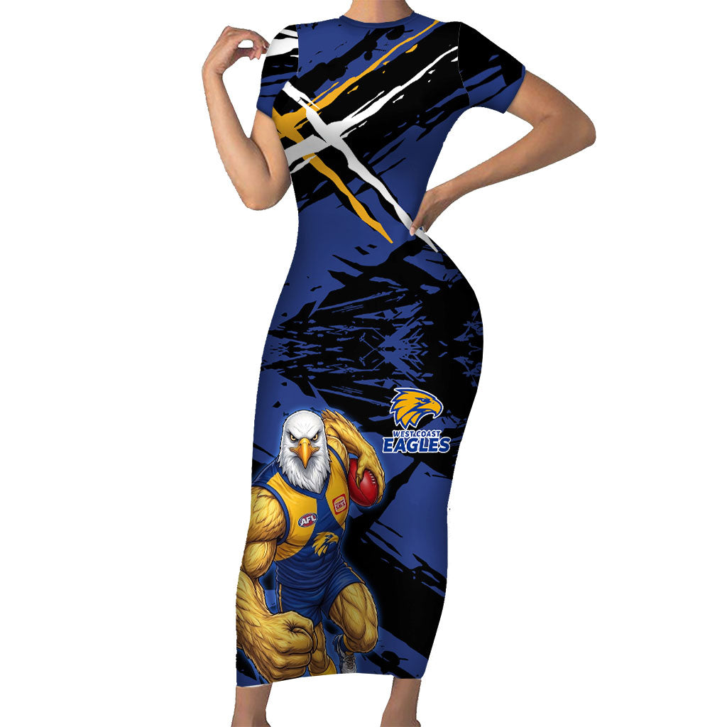 West Coast Eagles Short Sleeve Bodycon Dress Eagles Muscular Mascot Graphic - Abstract Paint Splatter Art