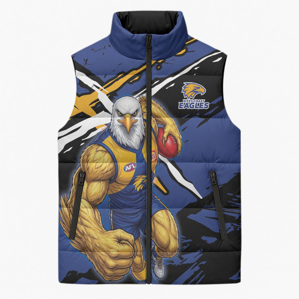 West Coast Eagles Sleeveless Puffer Jacket Eagles Muscular Mascot Graphic - Abstract Paint Splatter Art