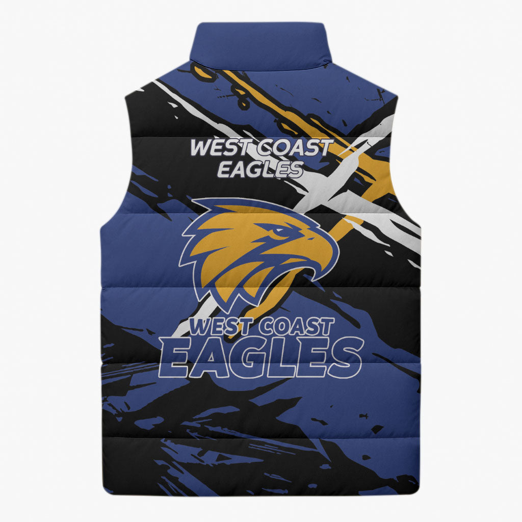 West Coast Eagles Sleeveless Puffer Jacket Eagles Muscular Mascot Graphic - Abstract Paint Splatter Art