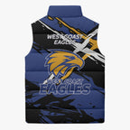 West Coast Eagles Sleeveless Puffer Jacket Eagles Muscular Mascot Graphic - Abstract Paint Splatter Art
