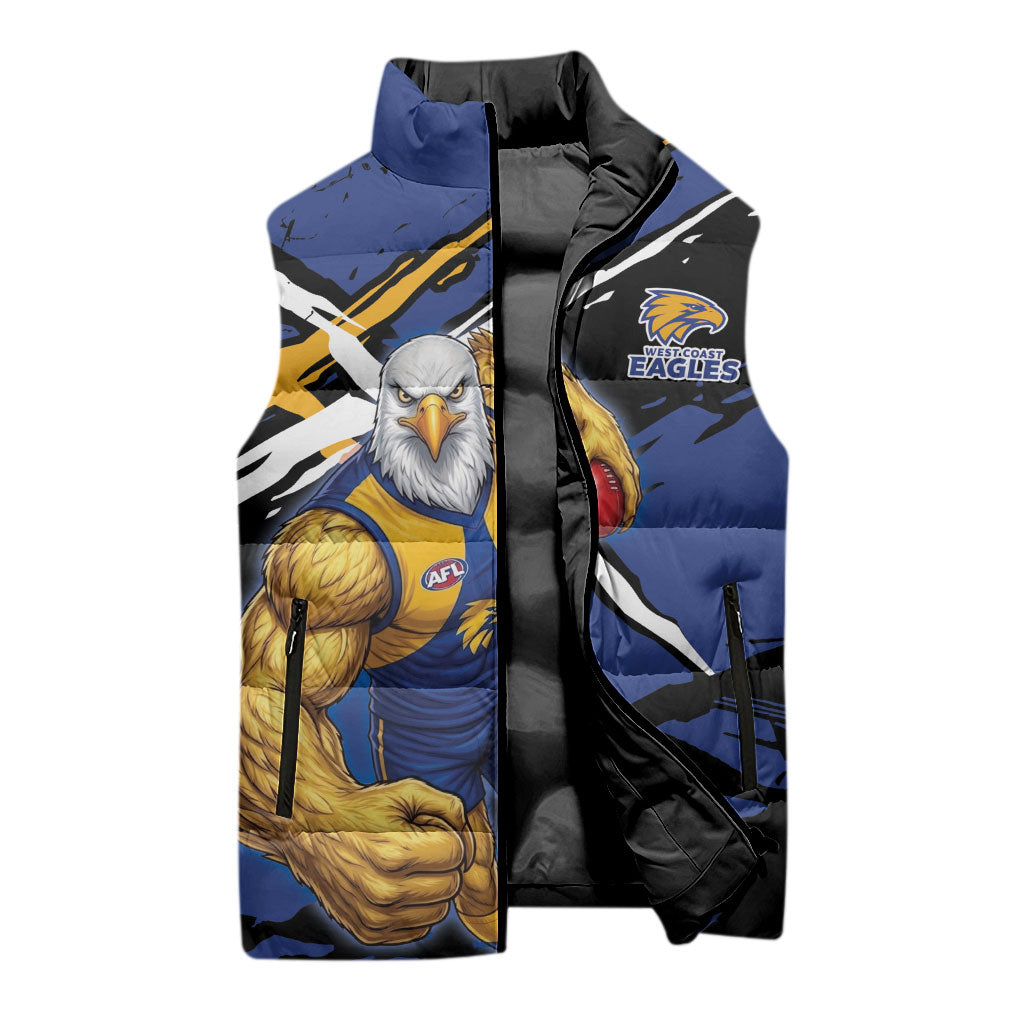 West Coast Eagles Sleeveless Puffer Jacket Eagles Muscular Mascot Graphic - Abstract Paint Splatter Art
