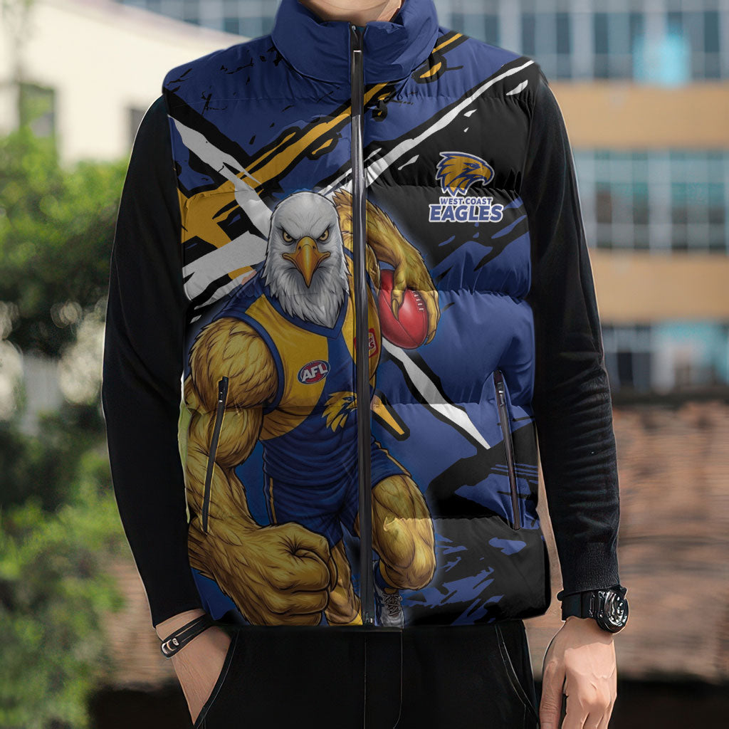 West Coast Eagles Sleeveless Puffer Jacket Eagles Muscular Mascot Graphic - Abstract Paint Splatter Art