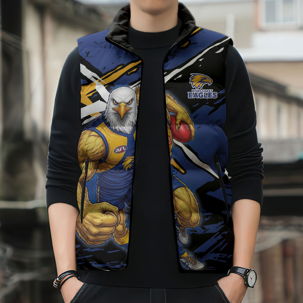West Coast Eagles Sleeveless Puffer Jacket Eagles Muscular Mascot Graphic - Abstract Paint Splatter Art