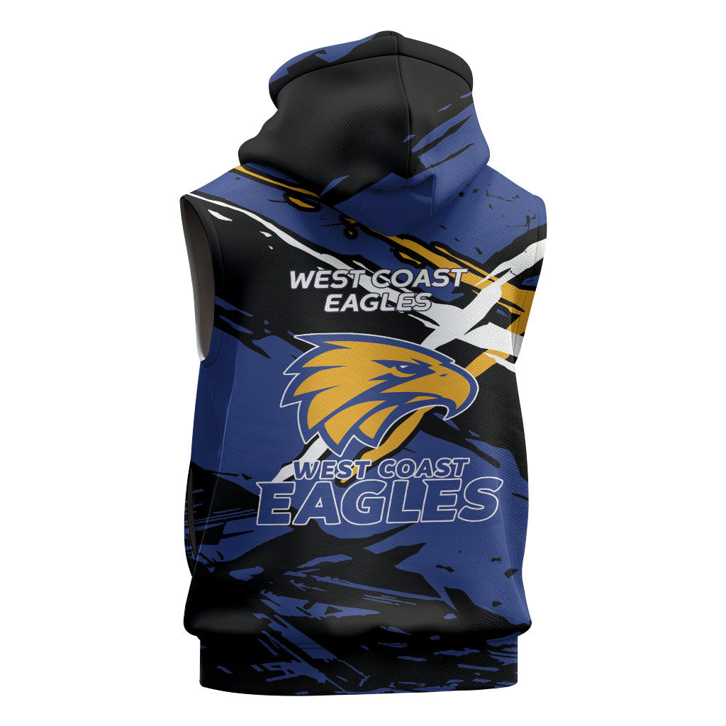 West Coast Eagles Sleeveless Zip Hoodie Eagles Muscular Mascot Graphic - Abstract Paint Splatter Art
