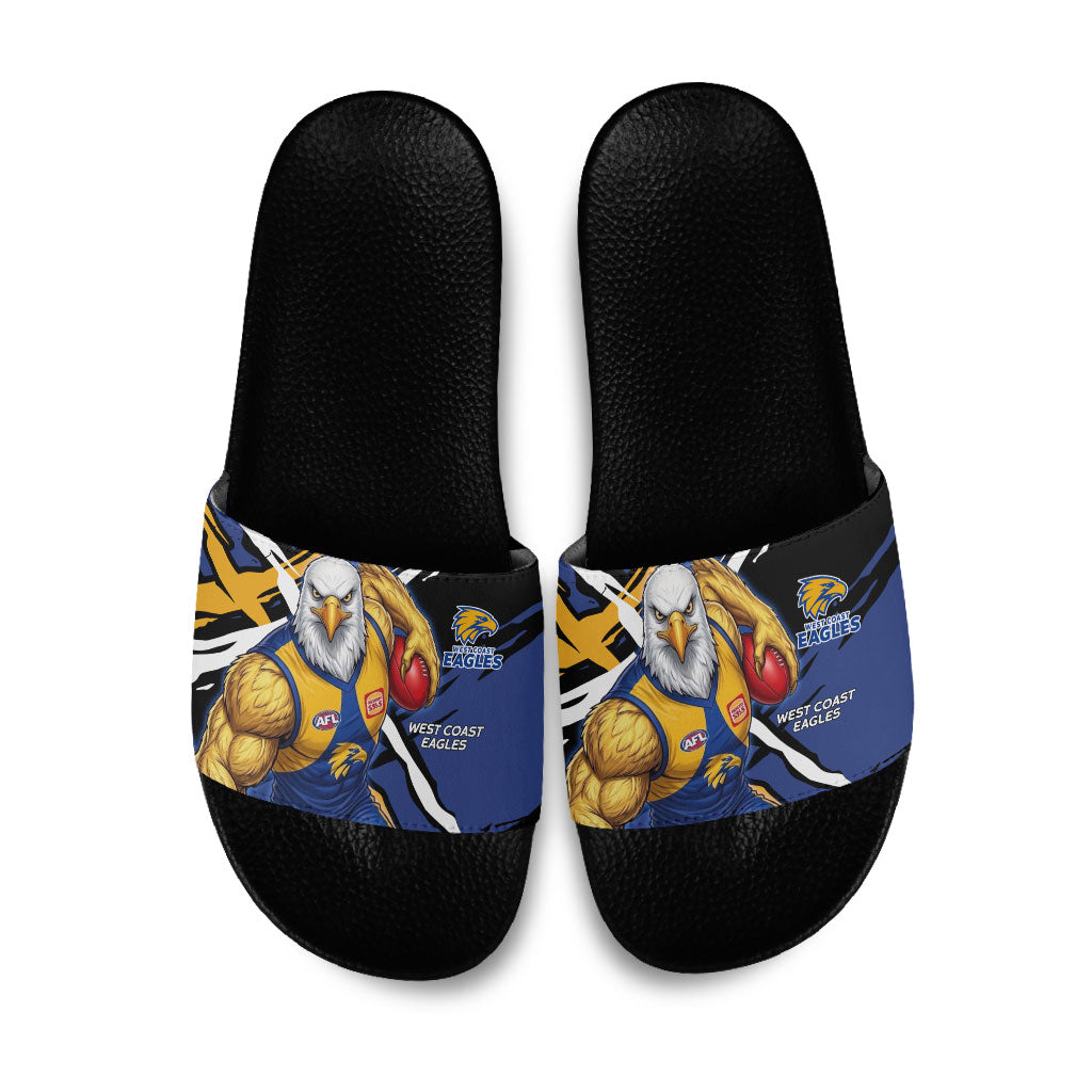 West Coast Eagles Slide Sandals Eagles Muscular Mascot Graphic - Abstract Paint Splatter Art