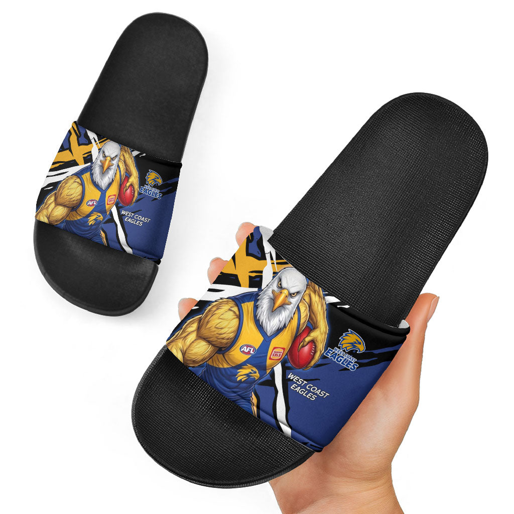 West Coast Eagles Slide Sandals Eagles Muscular Mascot Graphic - Abstract Paint Splatter Art