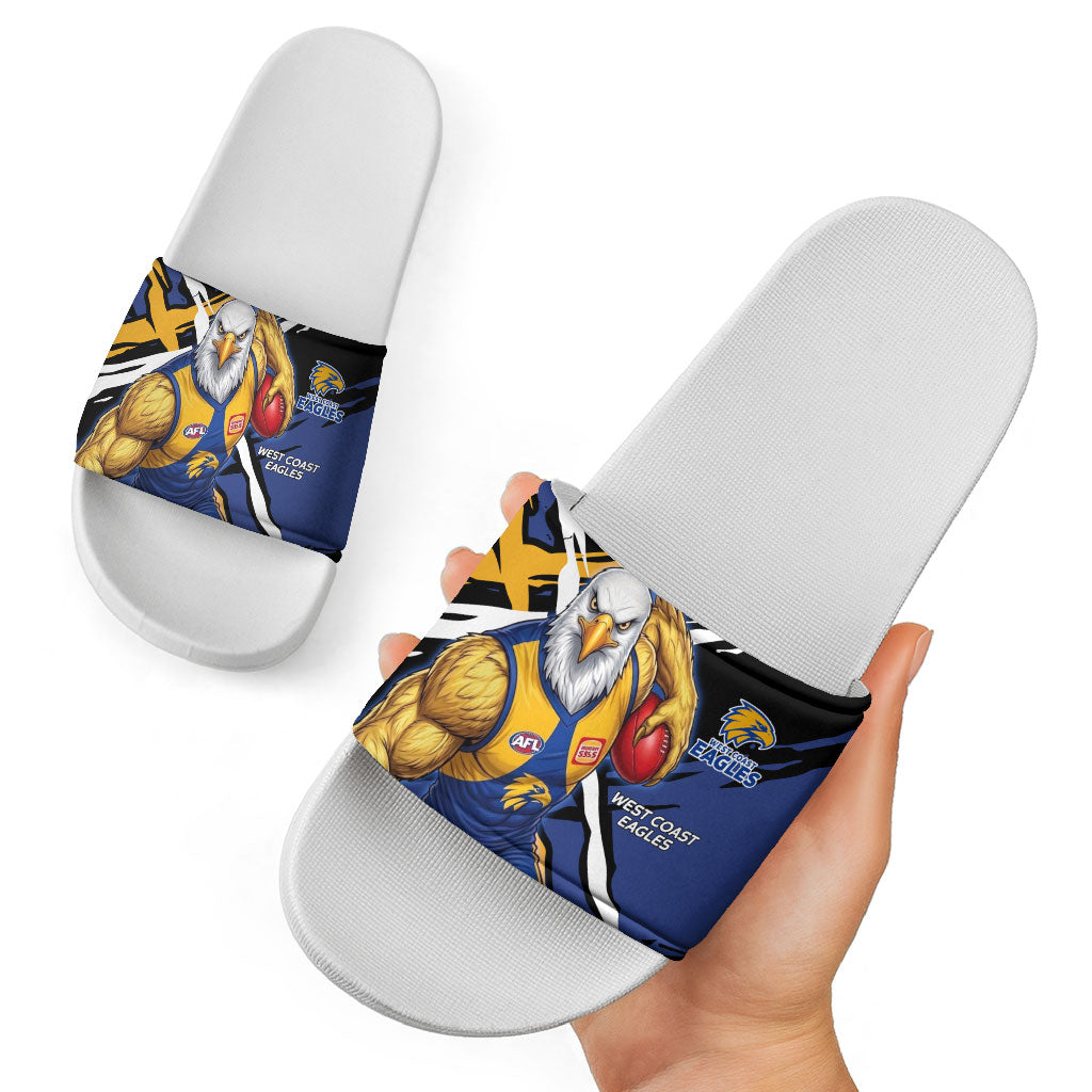 West Coast Eagles Slide Sandals Eagles Muscular Mascot Graphic - Abstract Paint Splatter Art