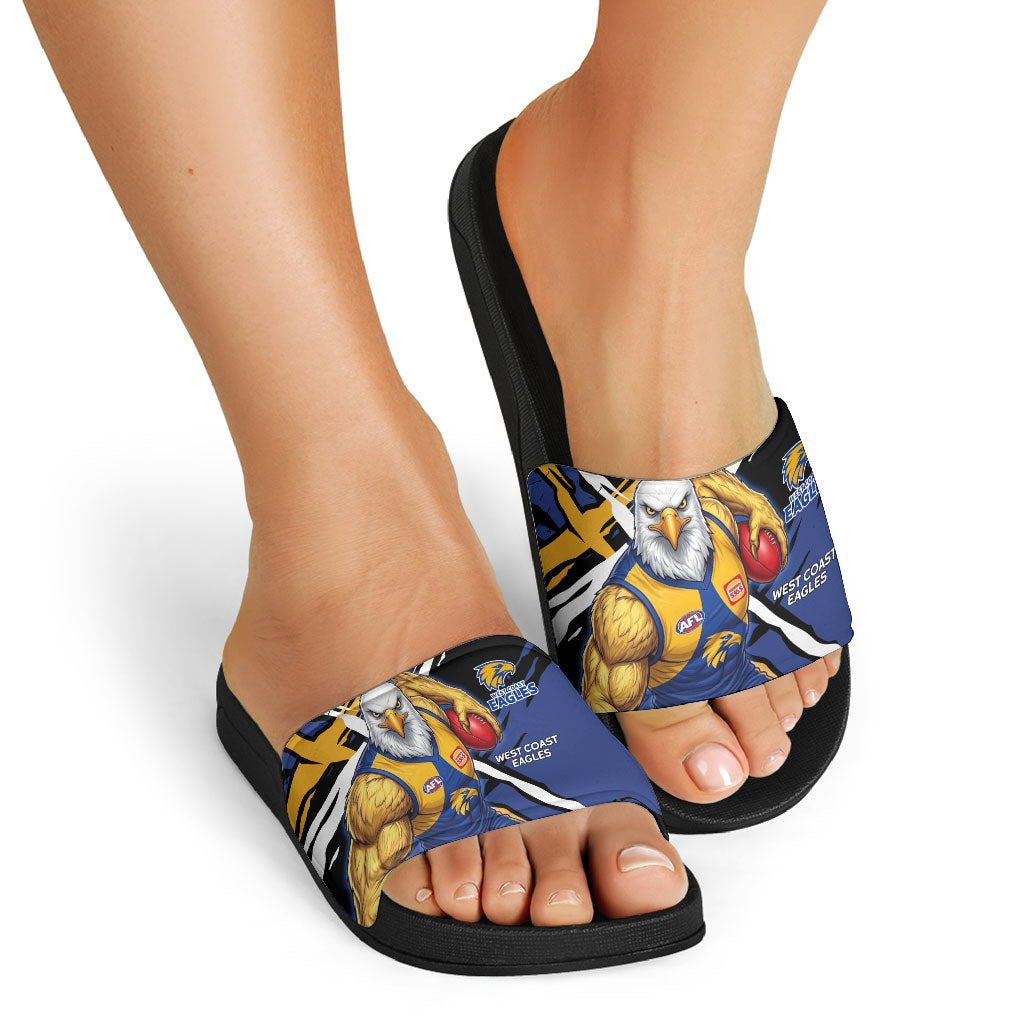 West Coast Eagles Slide Sandals Eagles Muscular Mascot Graphic - Abstract Paint Splatter Art