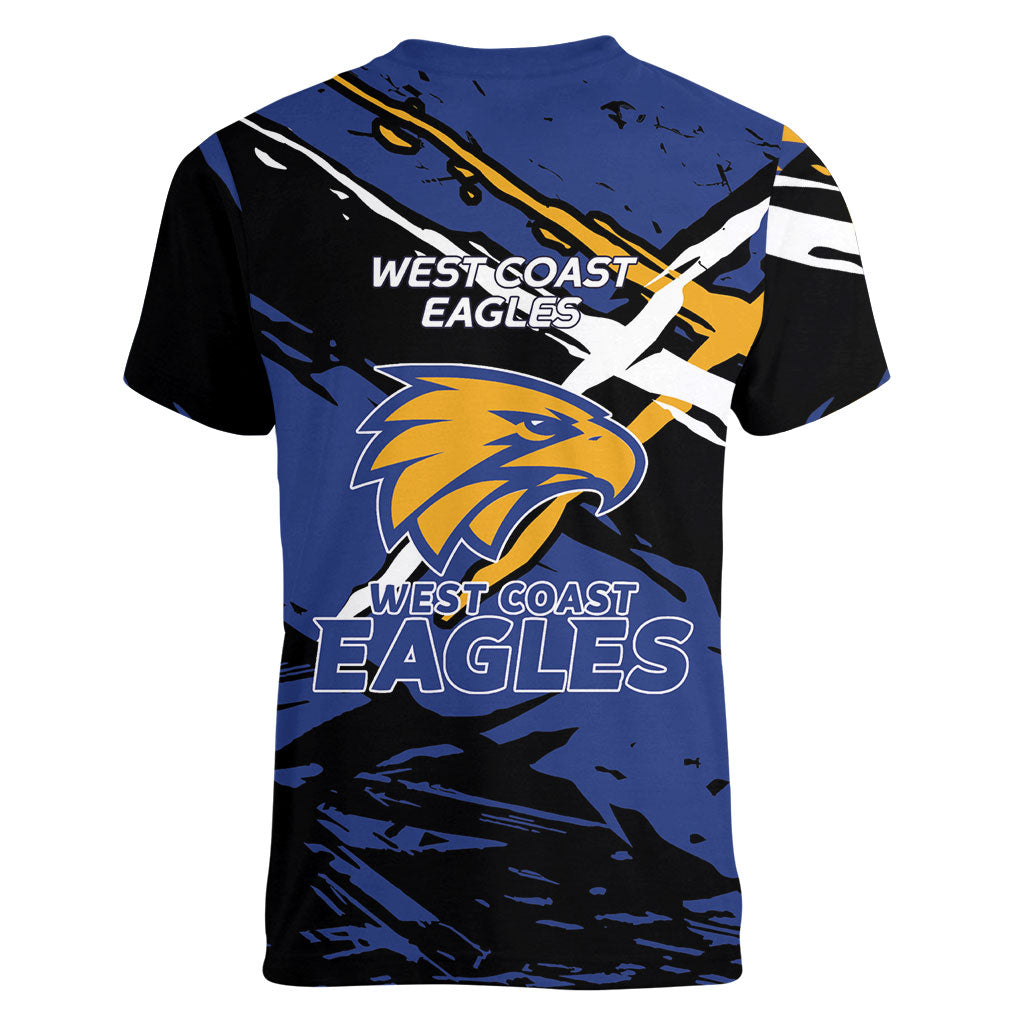 West Coast Eagles Women V-Neck T-Shirt Eagles Muscular Mascot Graphic - Abstract Paint Splatter Art