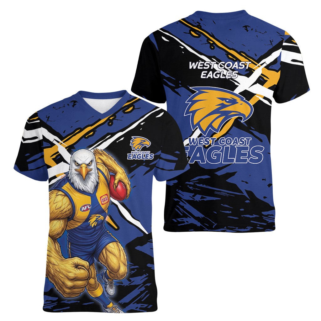 West Coast Eagles Women V-Neck T-Shirt Eagles Muscular Mascot Graphic - Abstract Paint Splatter Art