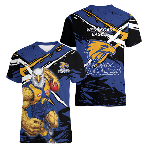 West Coast Eagles Women V-Neck T-Shirt Eagles Muscular Mascot Graphic - Abstract Paint Splatter Art