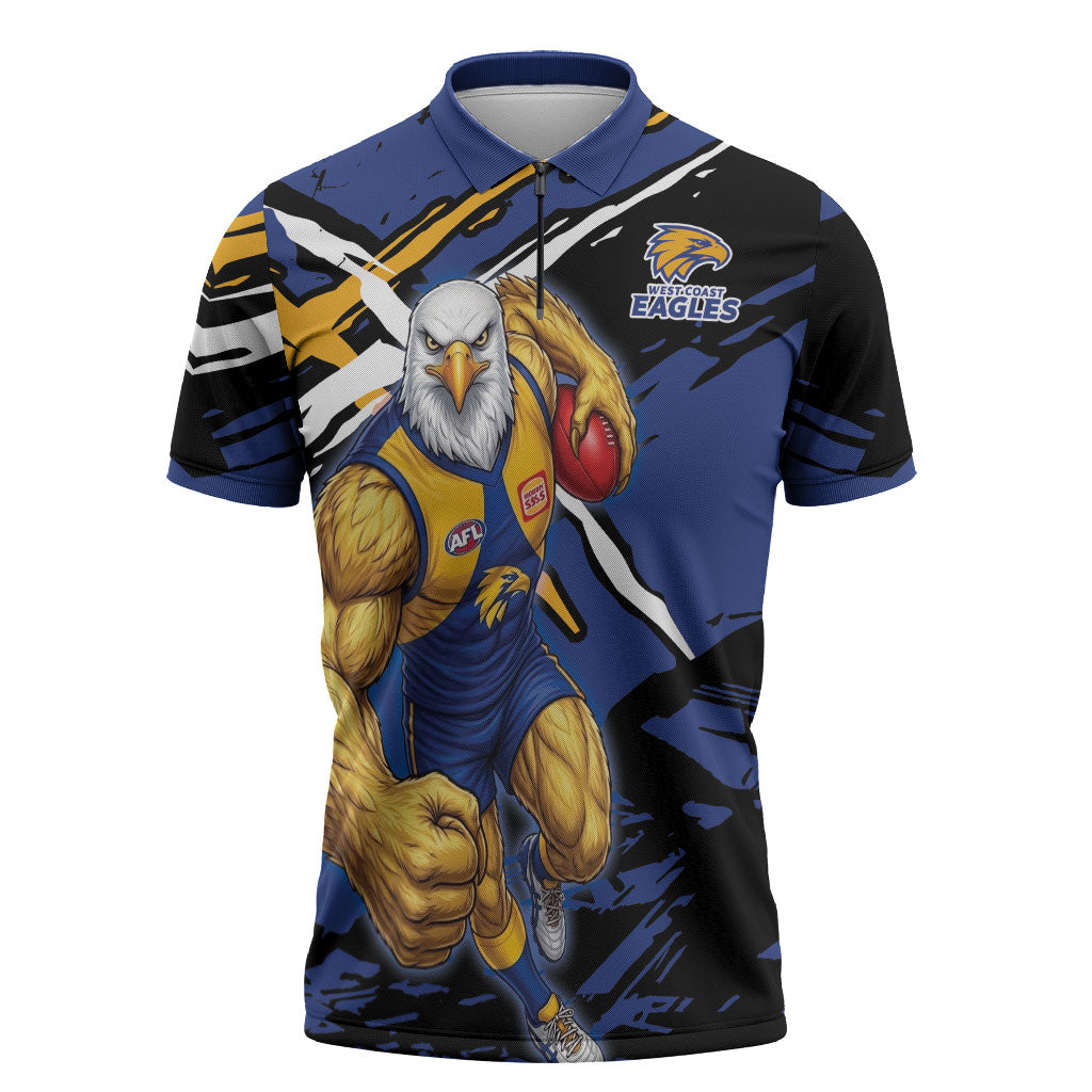 West Coast Eagles Zipper Polo Shirt Eagles Muscular Mascot Graphic - Abstract Paint Splatter Art