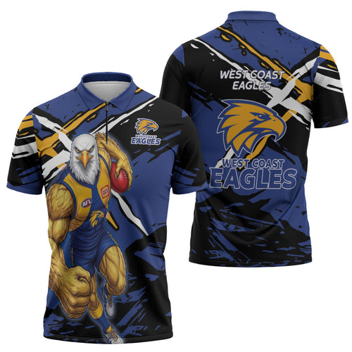 West Coast Eagles Zipper Polo Shirt Eagles Muscular Mascot Graphic - Abstract Paint Splatter Art
