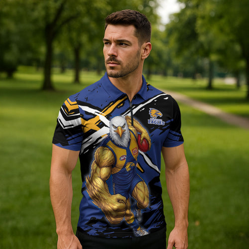 West Coast Eagles Zipper Polo Shirt Eagles Muscular Mascot Graphic - Abstract Paint Splatter Art