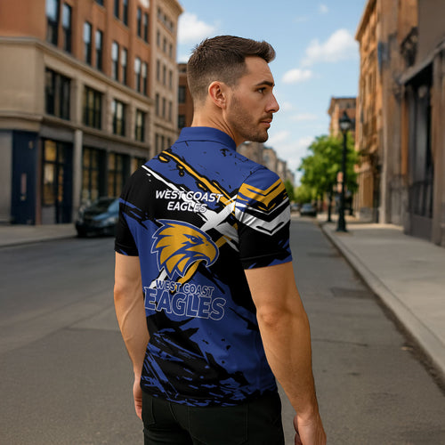 West Coast Eagles Zipper Polo Shirt Eagles Muscular Mascot Graphic - Abstract Paint Splatter Art