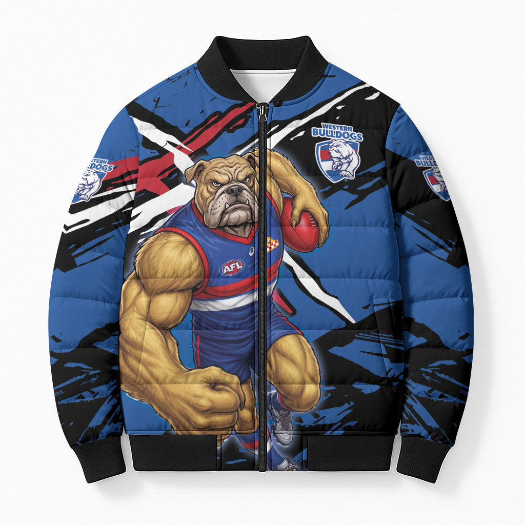 Western Bulldogs Bomber Puffer Jacket Footscray Muscular Mascot Graphic - Abstract Paint Splatter Art