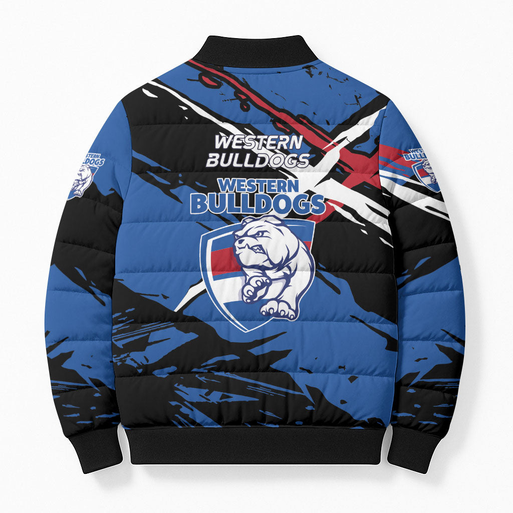 Western Bulldogs Bomber Puffer Jacket Footscray Muscular Mascot Graphic - Abstract Paint Splatter Art