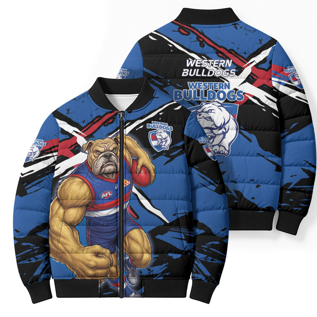 Western Bulldogs Bomber Puffer Jacket Footscray Muscular Mascot Graphic - Abstract Paint Splatter Art