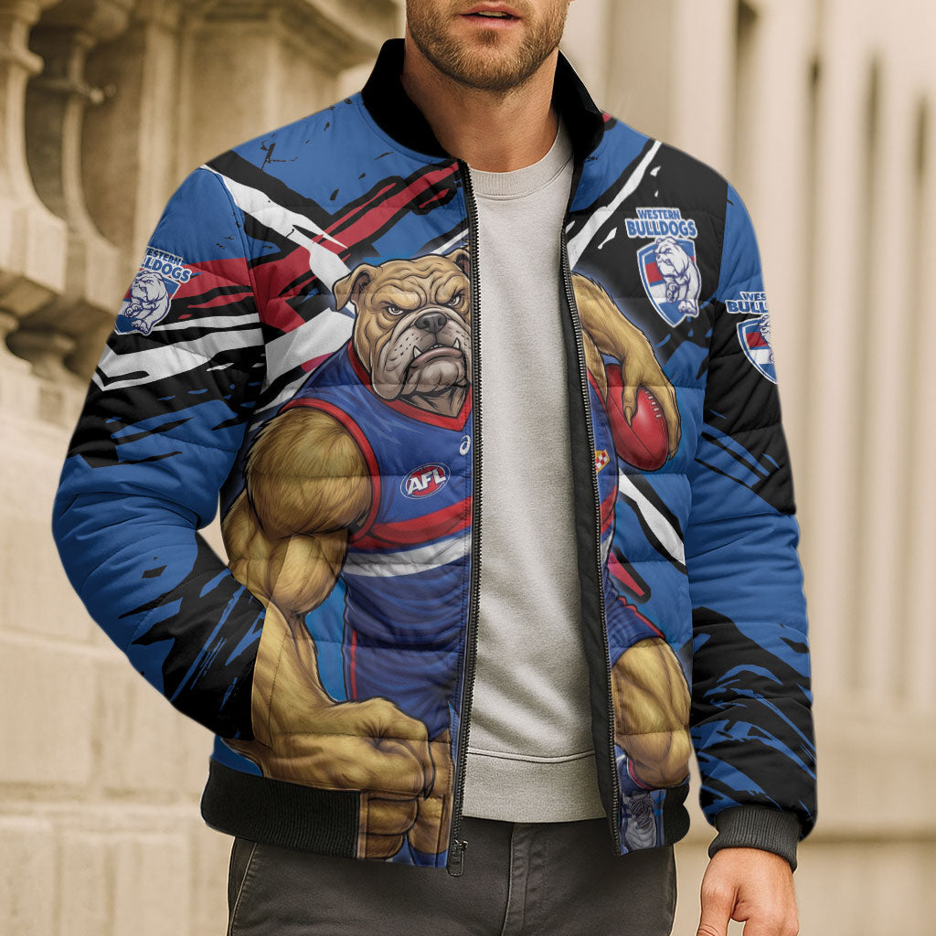 Western Bulldogs Bomber Puffer Jacket Footscray Muscular Mascot Graphic - Abstract Paint Splatter Art