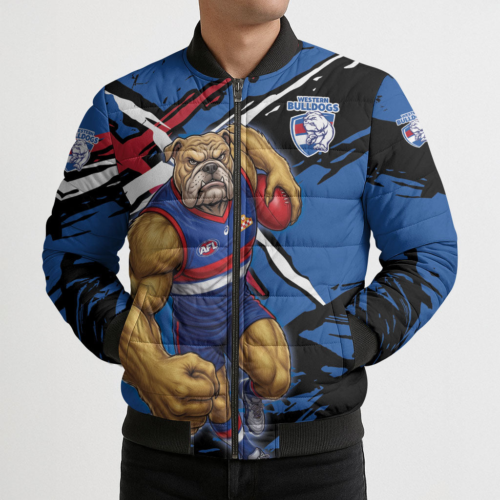 Western Bulldogs Bomber Puffer Jacket Footscray Muscular Mascot Graphic - Abstract Paint Splatter Art