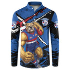 Western Bulldogs Button Sweatshirt Footscray Muscular Mascot Graphic - Abstract Paint Splatter Art