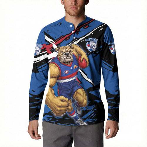 Western Bulldogs Button Sweatshirt Footscray Muscular Mascot Graphic - Abstract Paint Splatter Art