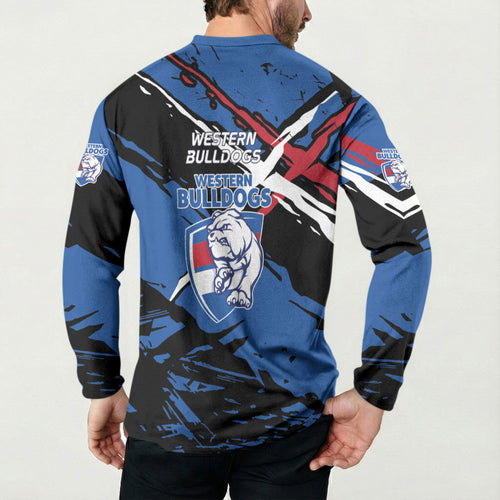 Western Bulldogs Button Sweatshirt Footscray Muscular Mascot Graphic - Abstract Paint Splatter Art
