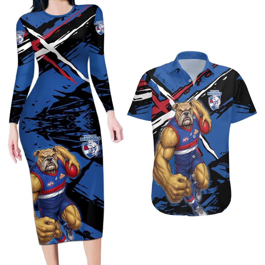 Western Bulldogs Couples Matching Long Sleeve Bodycon Dress and Hawaiian Shirt Footscray Muscular Mascot Graphic - Abstract Paint Splatter Art