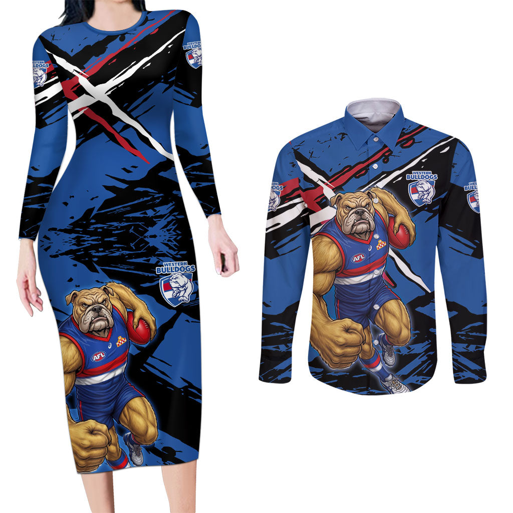 Western Bulldogs Couples Matching Long Sleeve Bodycon Dress and Long Sleeve Button Shirt Footscray Muscular Mascot Graphic - Abstract Paint Splatter Art