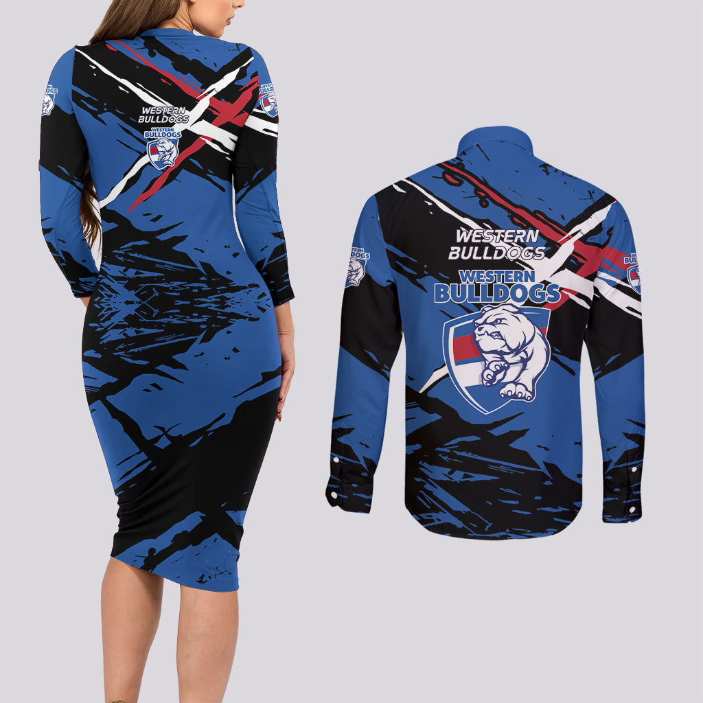 Western Bulldogs Couples Matching Long Sleeve Bodycon Dress and Long Sleeve Button Shirt Footscray Muscular Mascot Graphic - Abstract Paint Splatter Art