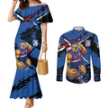 Western Bulldogs Couples Matching Mermaid Dress and Long Sleeve Button Shirt Footscray Muscular Mascot Graphic - Abstract Paint Splatter Art