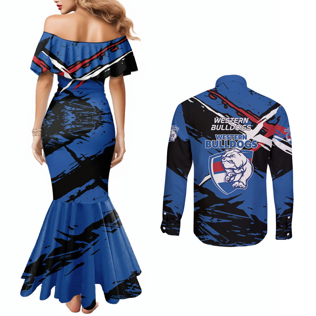Western Bulldogs Couples Matching Mermaid Dress and Long Sleeve Button Shirt Footscray Muscular Mascot Graphic - Abstract Paint Splatter Art