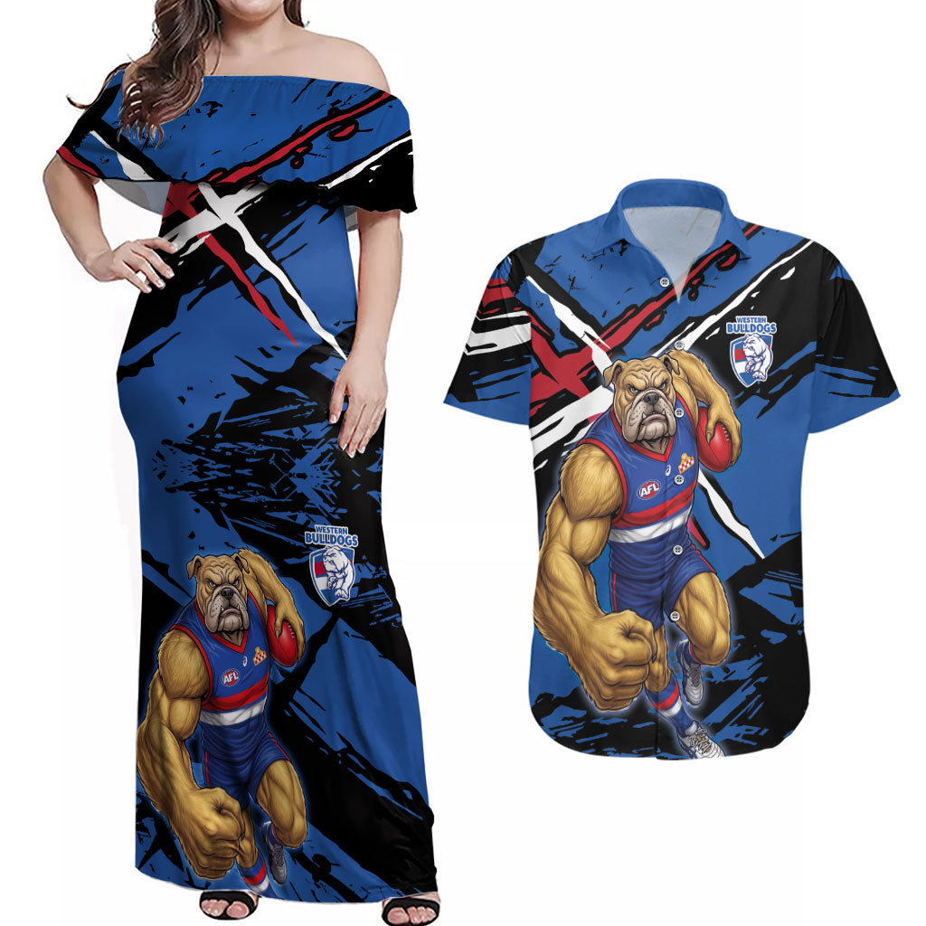 Western Bulldogs Couples Matching Off Shoulder Maxi Dress and Hawaiian Shirt Footscray Muscular Mascot Graphic - Abstract Paint Splatter Art