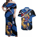 Western Bulldogs Couples Matching Off Shoulder Maxi Dress and Hawaiian Shirt Footscray Muscular Mascot Graphic - Abstract Paint Splatter Art