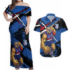 Western Bulldogs Couples Matching Off Shoulder Maxi Dress and Hawaiian Shirt Footscray Muscular Mascot Graphic - Abstract Paint Splatter Art