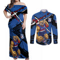 Western Bulldogs Couples Matching Off Shoulder Maxi Dress and Long Sleeve Button Shirt Footscray Muscular Mascot Graphic - Abstract Paint Splatter Art
