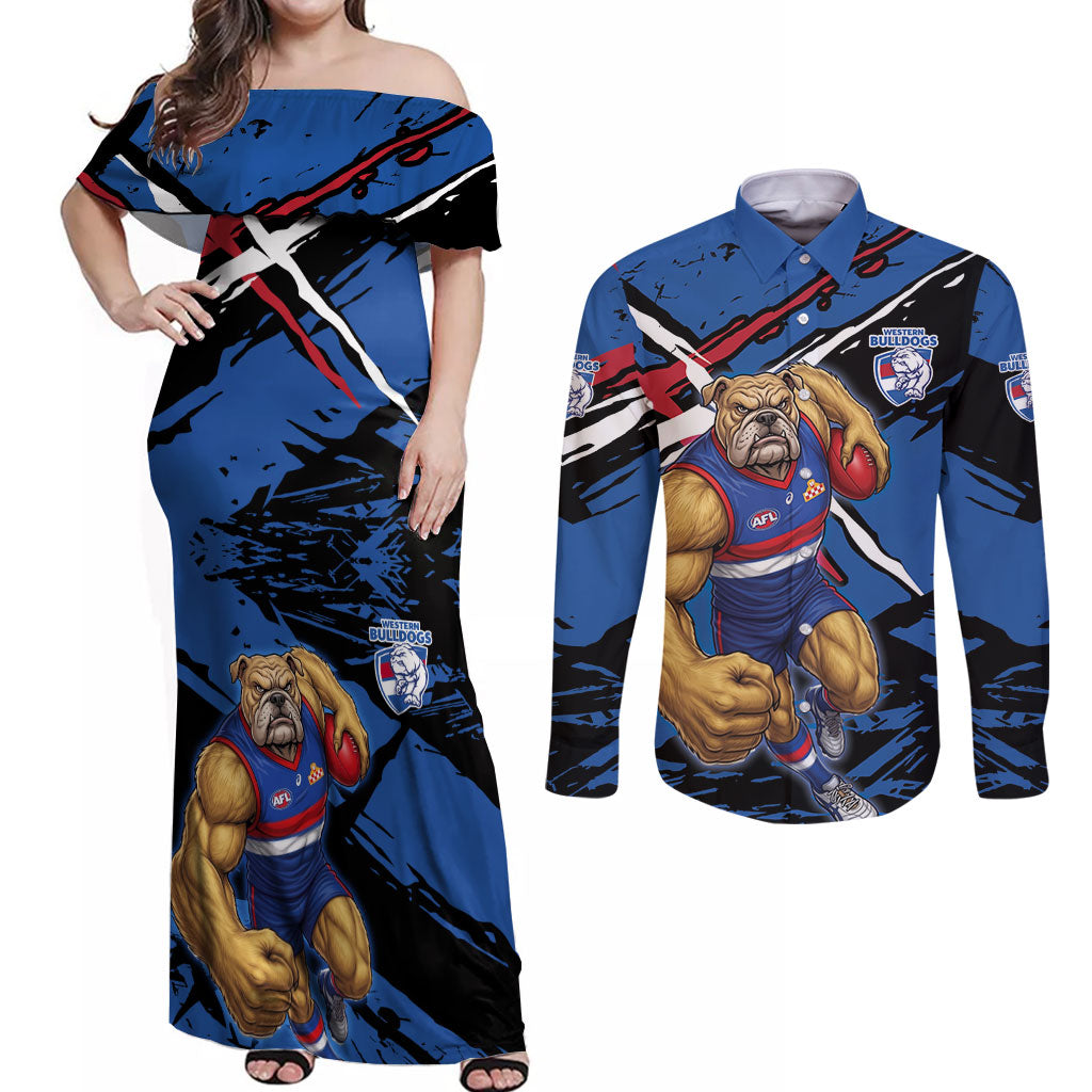 Western Bulldogs Couples Matching Off Shoulder Maxi Dress and Long Sleeve Button Shirt Footscray Muscular Mascot Graphic - Abstract Paint Splatter Art